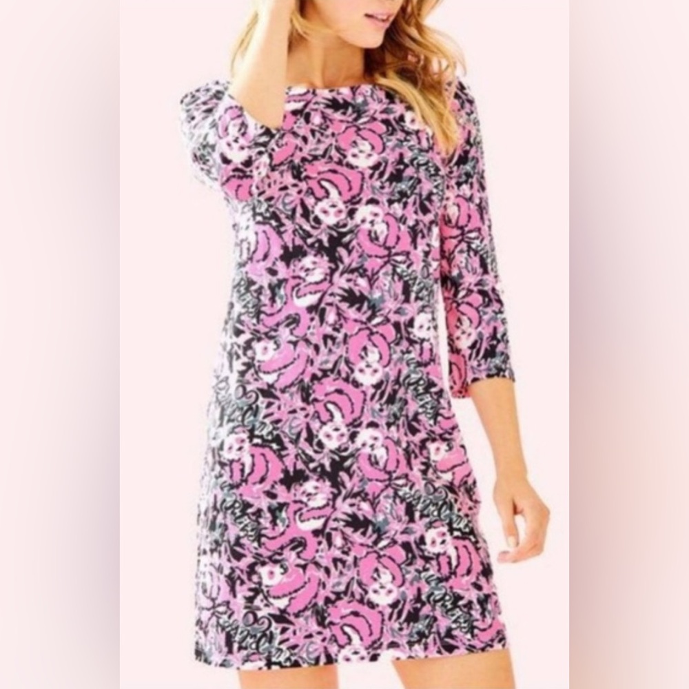 Lilly Pulitzer Pink and Black Sheath Dress with Bateau Neckline